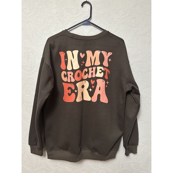 In My Crochet Era Sweatshirt Fits Like XL Crochet Lover Crewneck Dark Grey M16 - Picture 1 of 5
